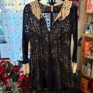 Free People Black Lace Dress with Cream Details